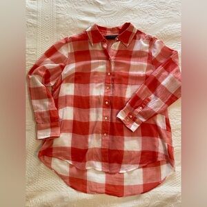Lane Bryant Women’s button down orange and white plaid long sleeve blouse
